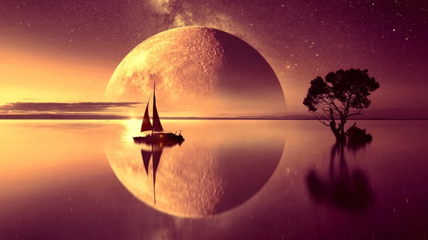 a full moon on the night sky with a sailboat