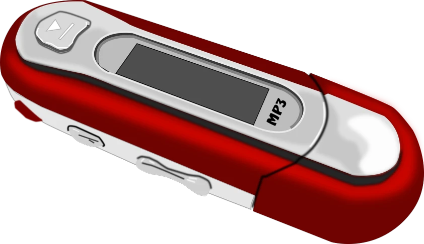 a red digital recorder sitting on top of a table