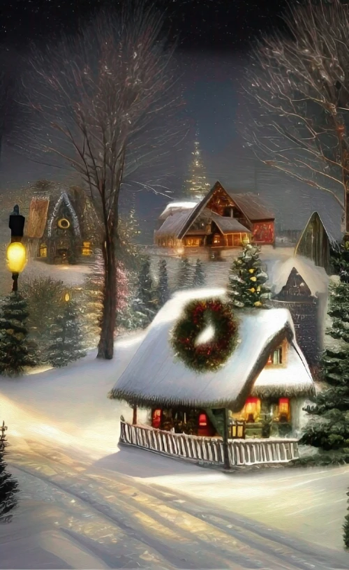 a painting of a snowy village and a lit christmas tree