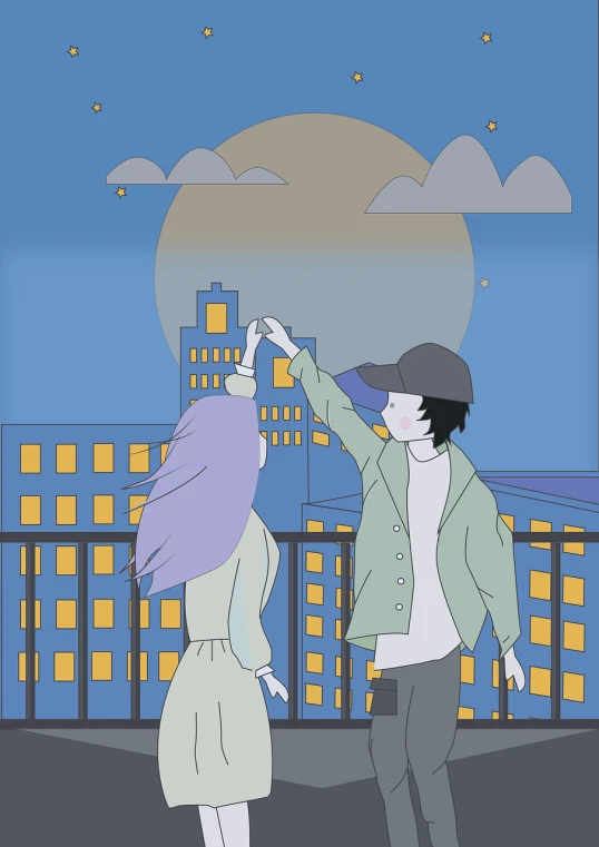 two young people standing in the city with a moon setting behind them