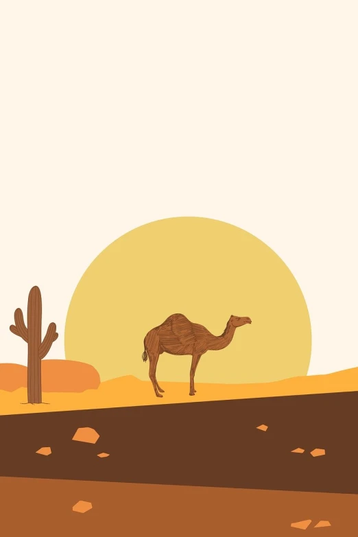 the desert has a lone camel walking towards a cactus