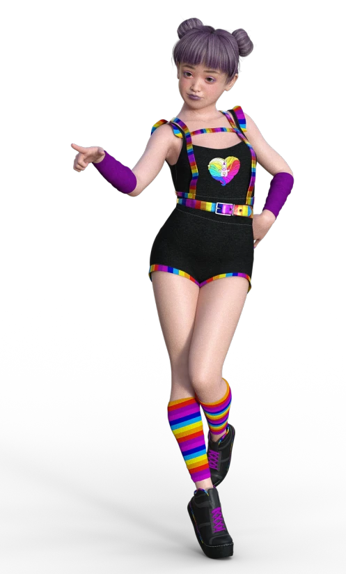 a woman in a black and multi - colored rainbow suit