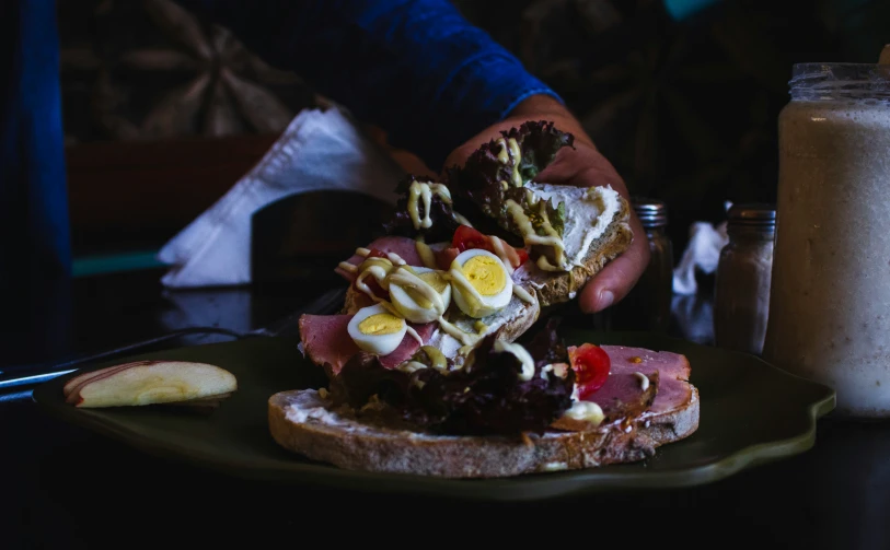 a person holds half a sandwich with food items in front of him