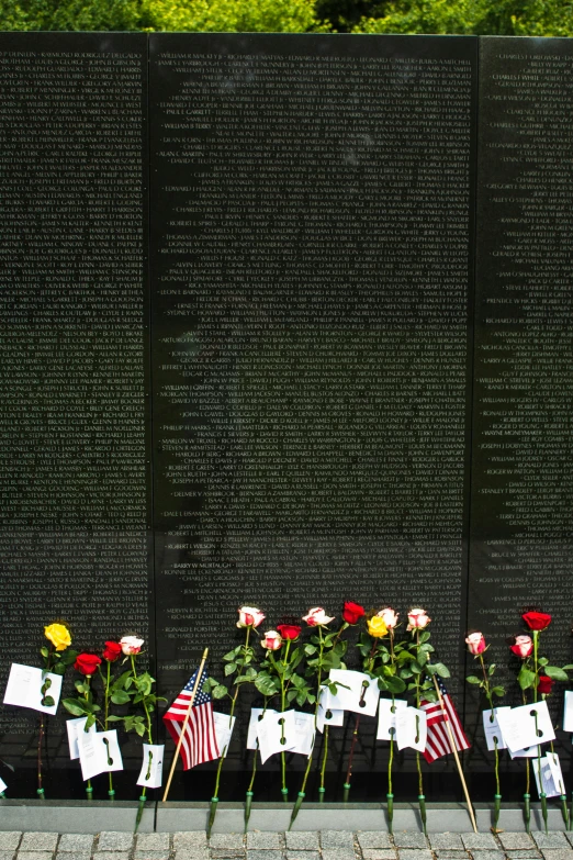several memorial flowers sit on top of the wall