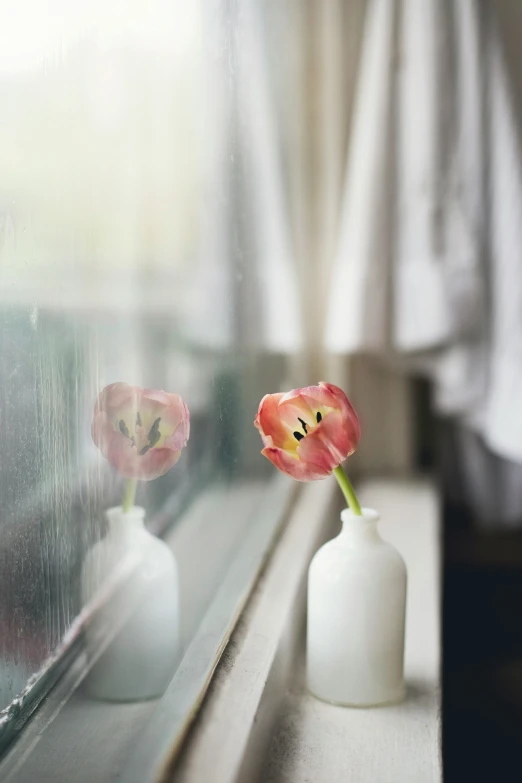 the small white vase is holding one flower and is next to the bigger vase