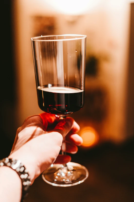 someone holding a glass with wine and a blurred background