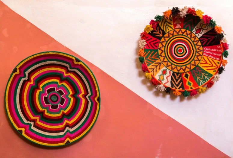 colorful plate and wall decoration on the left side of the room