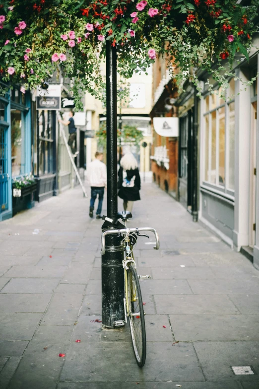 a bicycle is propped against a pole on a sidewalk