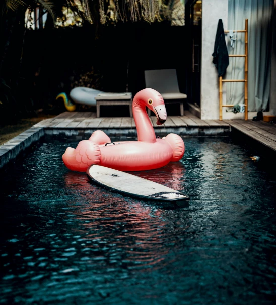 the inflatable flamingo is resting in the pool near the surfboard