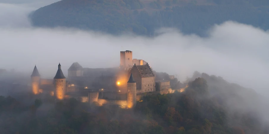 a large castle on a misty day near trees