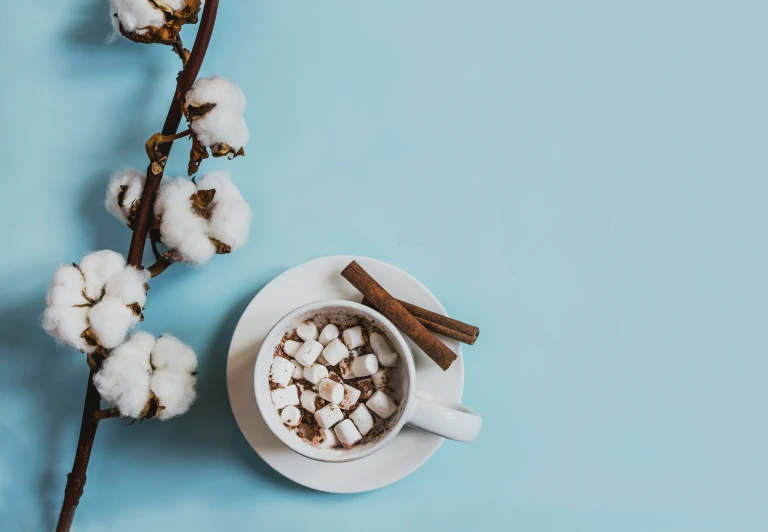 cotton plants and a cup of cappuccino sit on the table