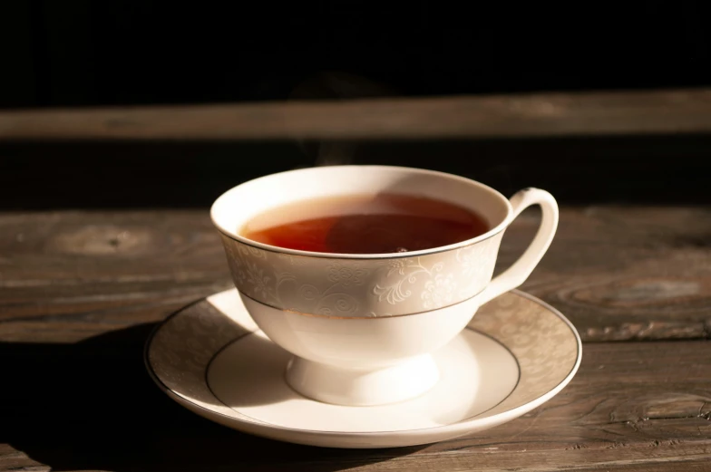 a cup of tea sits on a saucer