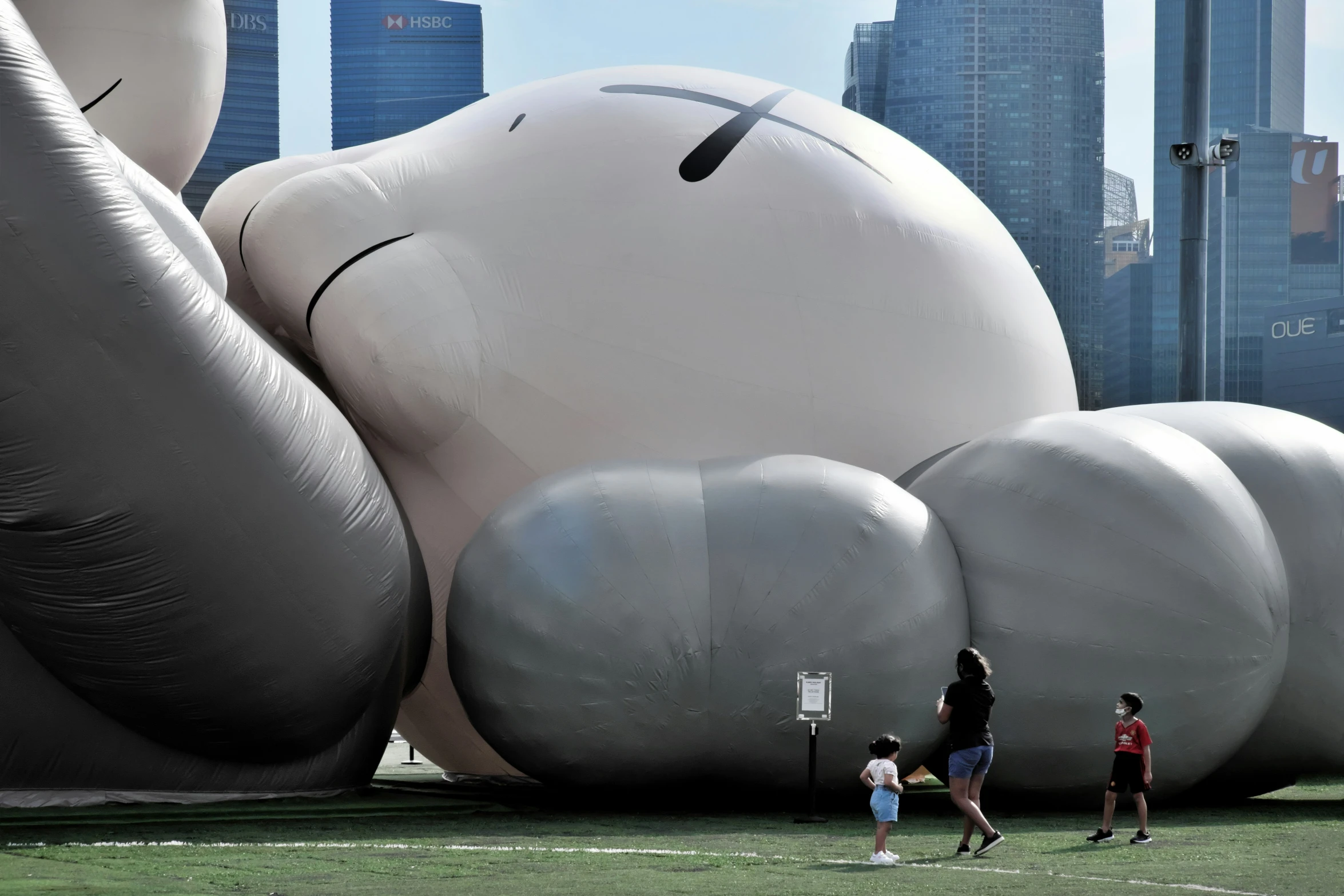 several people are walking through the grass beside large balls