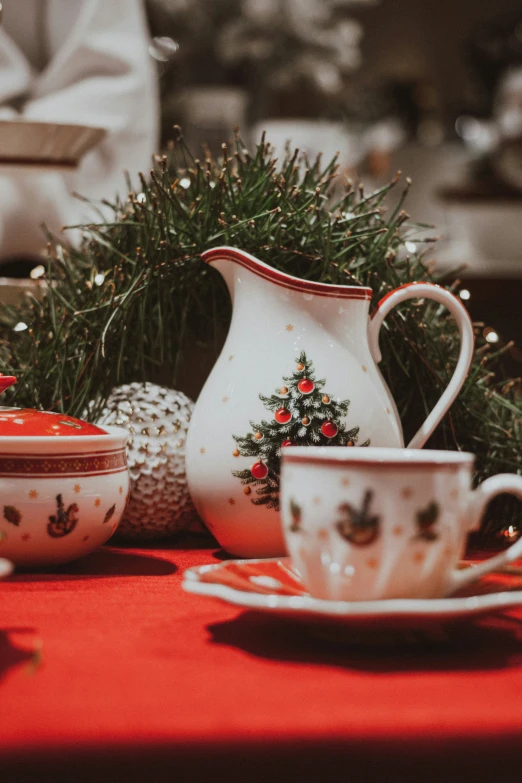 the coffee set on the table is ready to be eaten