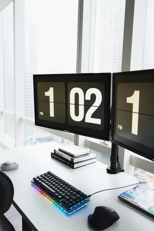 a white desk has two monitors with the numbers 122 and the time 120 minutes