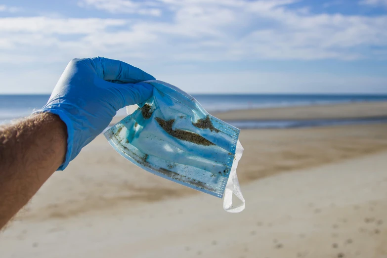 a hand with blue gloves holding up a plastic bag