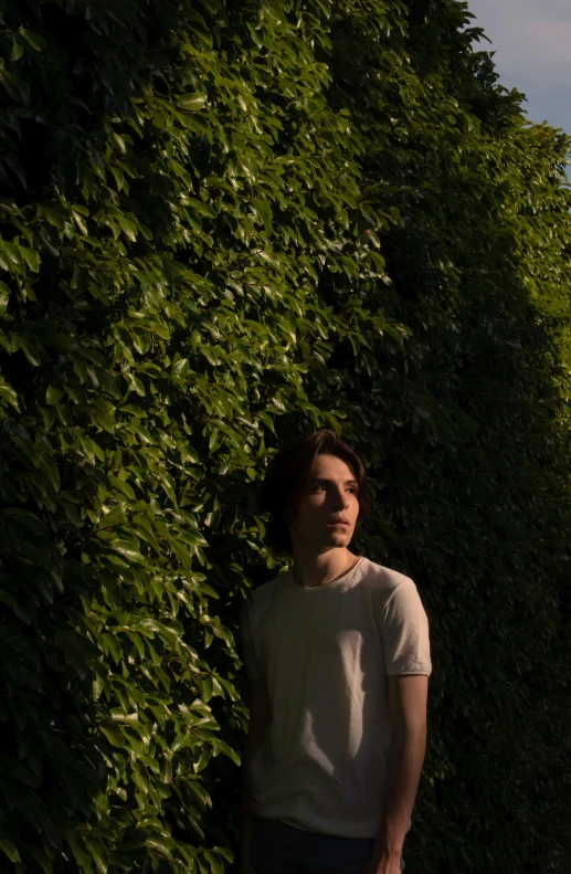 a man stands outside near green plants