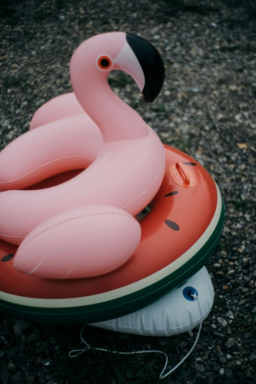 a flamingo balloon floating on top of an inflatable ring