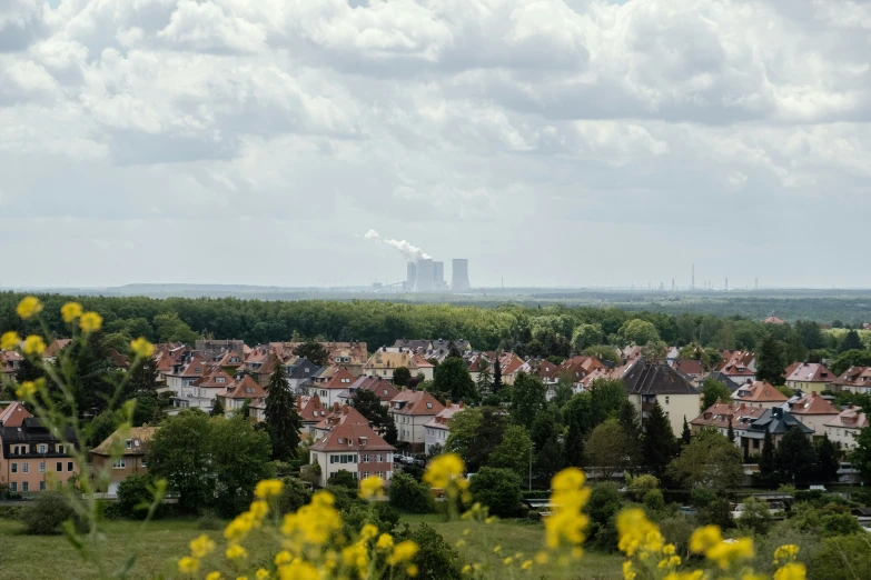 city buildings, a factory and trees in the background