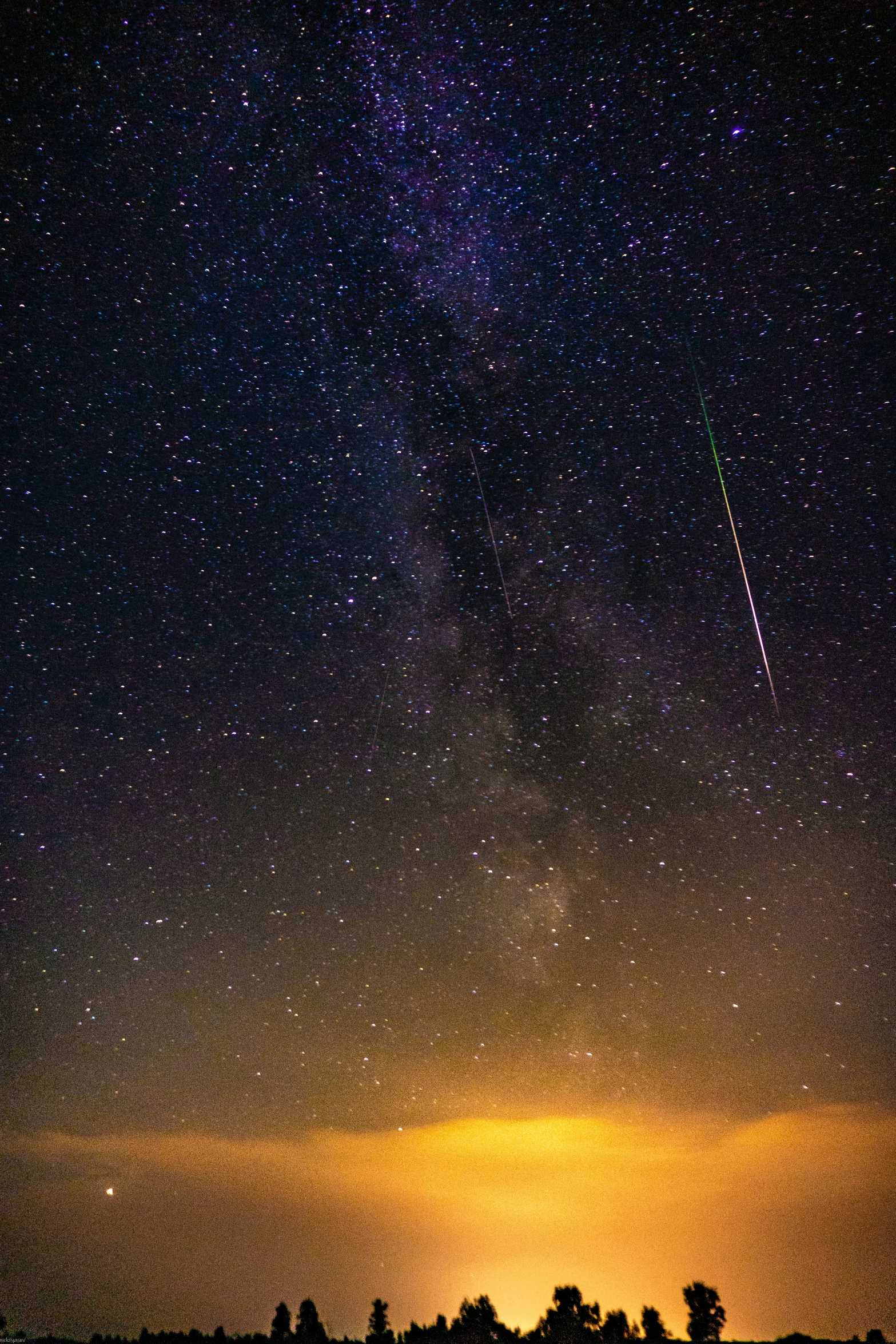 a view from across the field at night, with trees in front and star trails in the sky