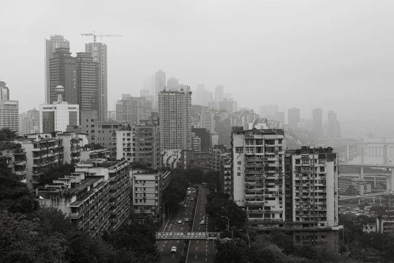 an urban city, in the daytime in black and white