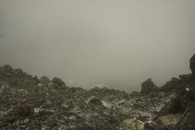 snow covers the rocks with a single piece of wood