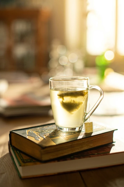 a cup of tea sits on top of three books