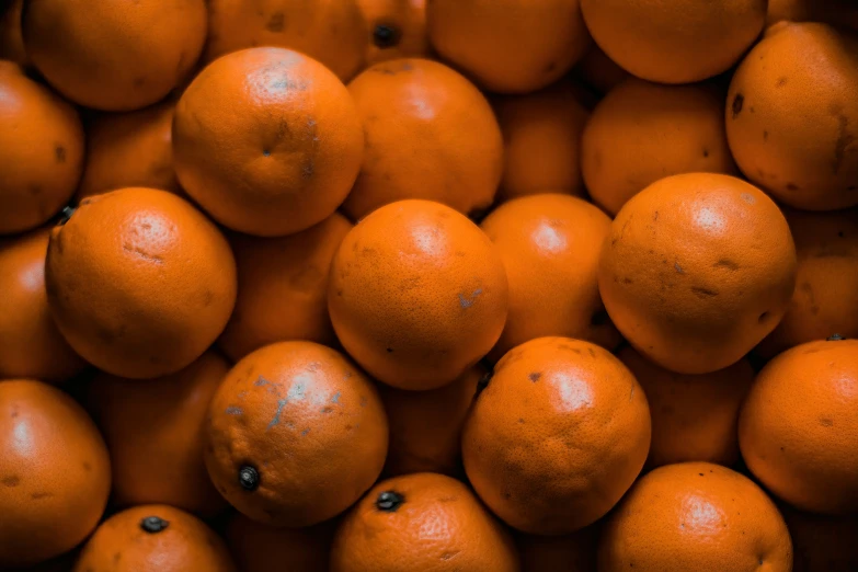 a closeup of several oranges in a box