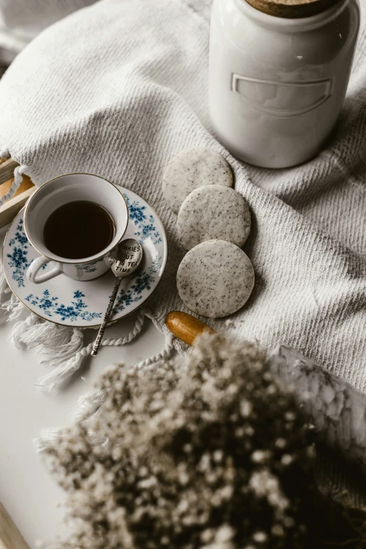 a cup of tea and two cookies on a tray