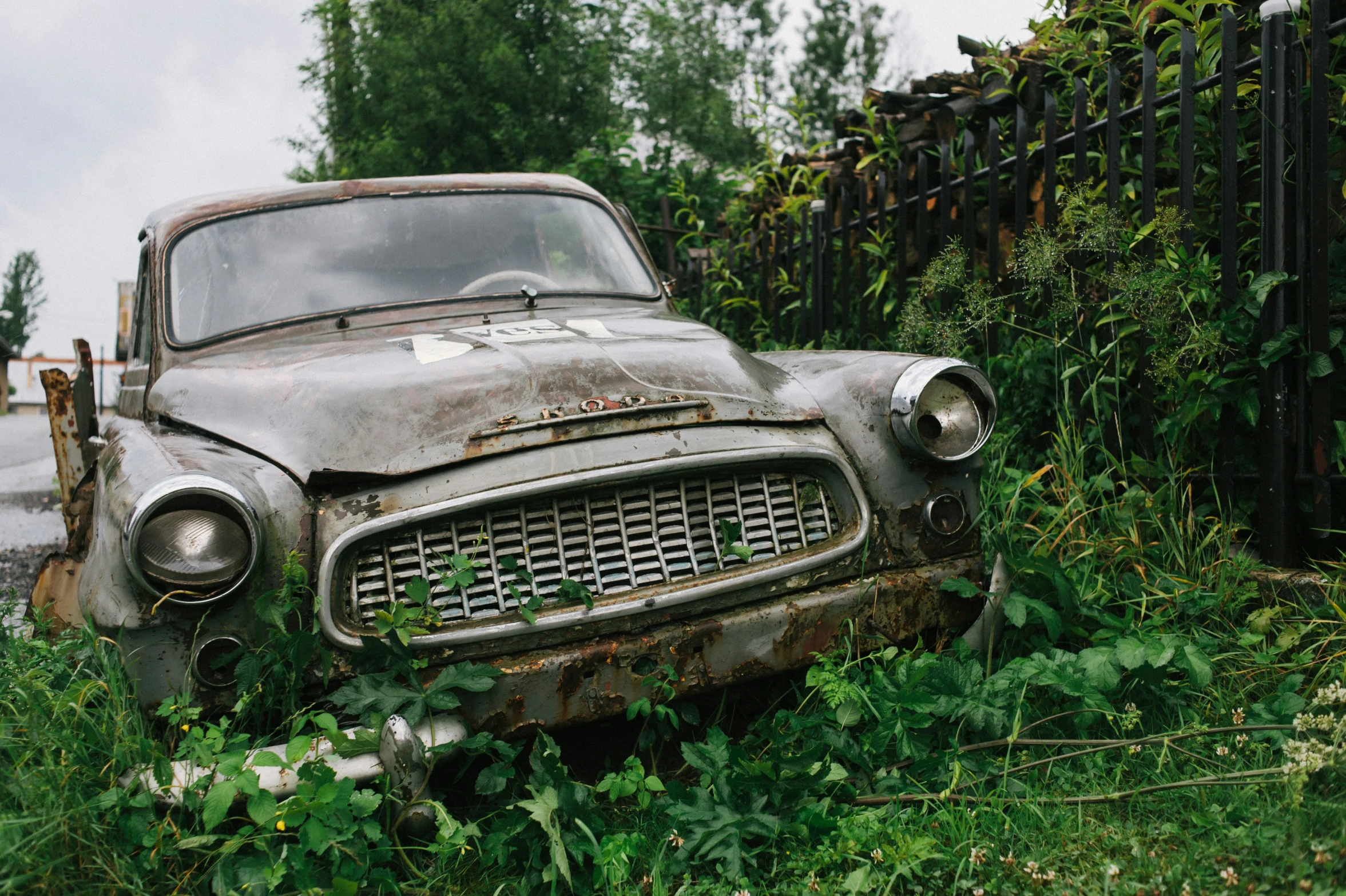 an old truck is seen in overgrown weeds