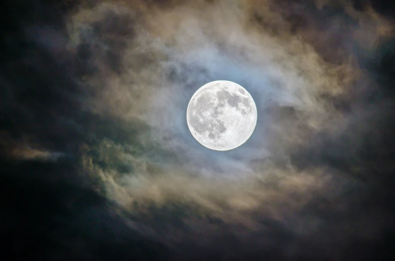 the full moon with clouds in the sky