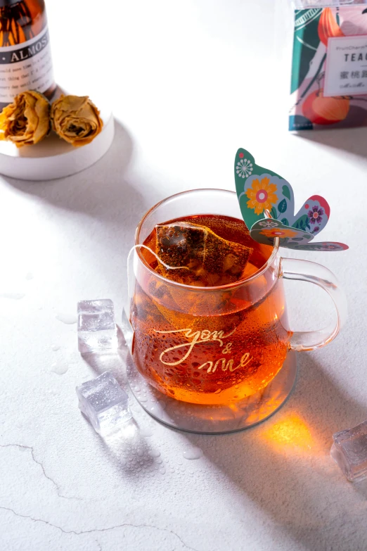 a close up of an iced cup on a table