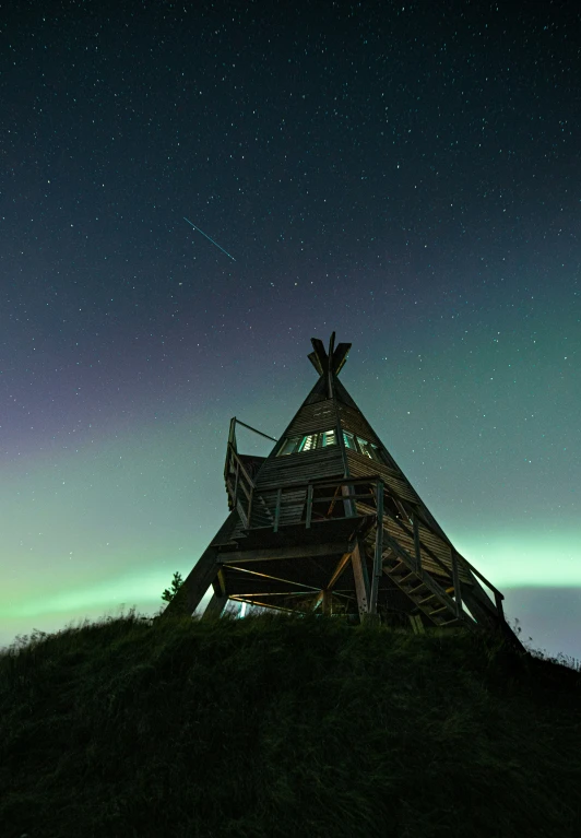 a po of a cabin at night, in the sky