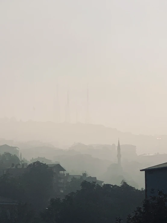 a foggy city with lots of trees in front