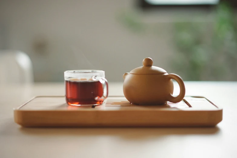 there is a tea pot and two cups of tea on the tray