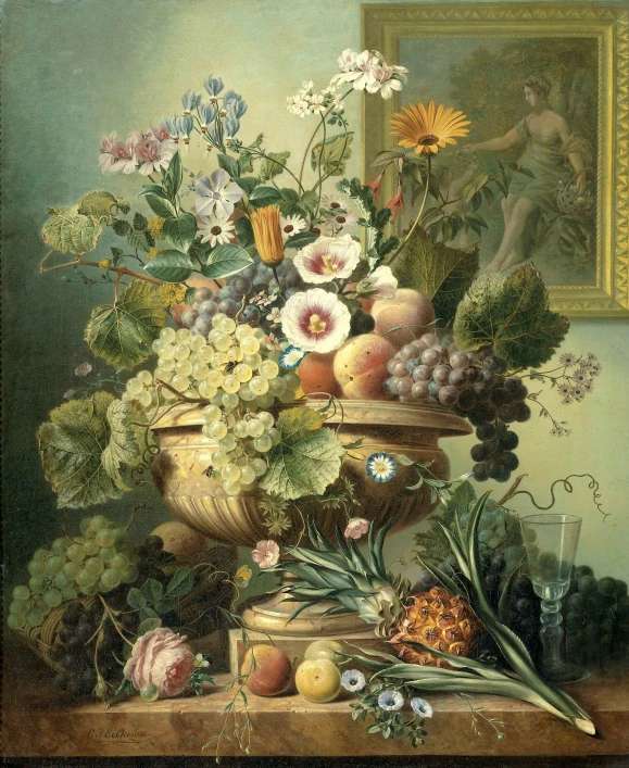 still life with flowers, fruit and plants in a vase