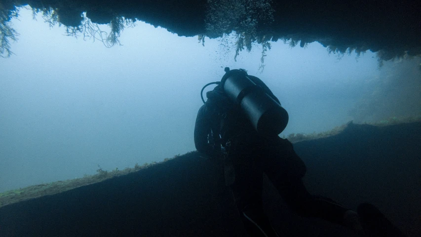 an underwater scene shows a scuba diver near the water