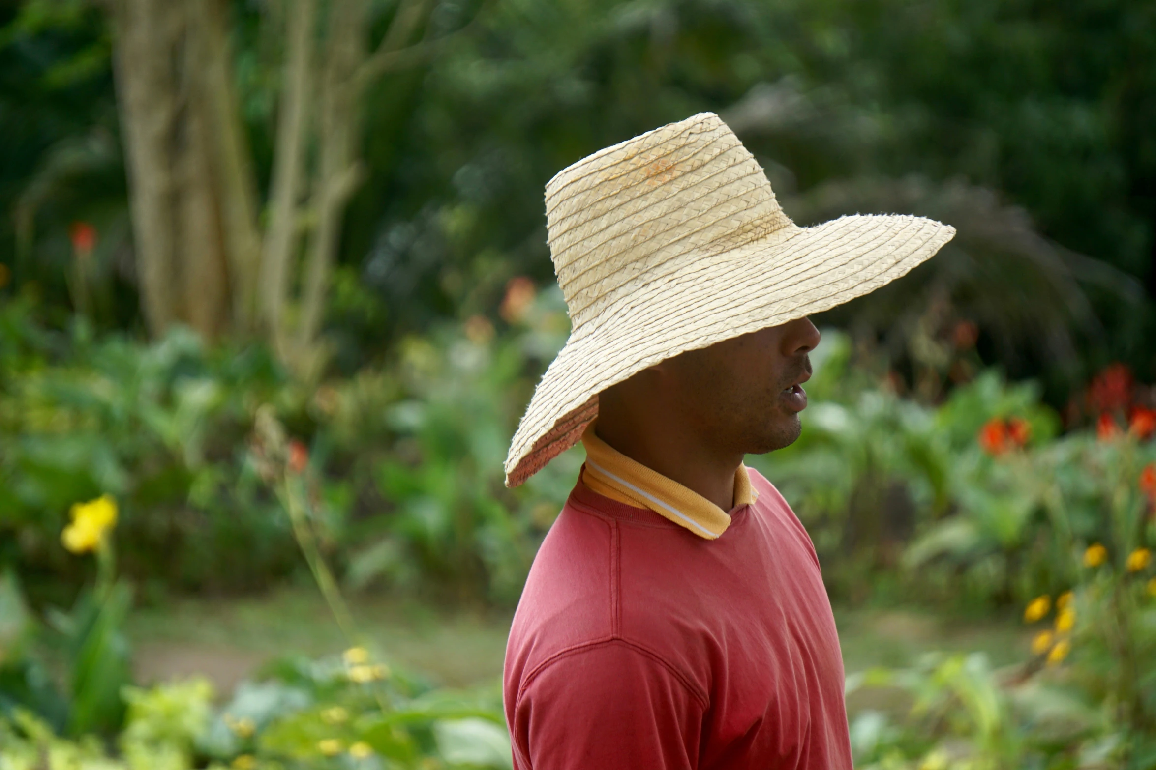 a person wearing a hat is walking through a field