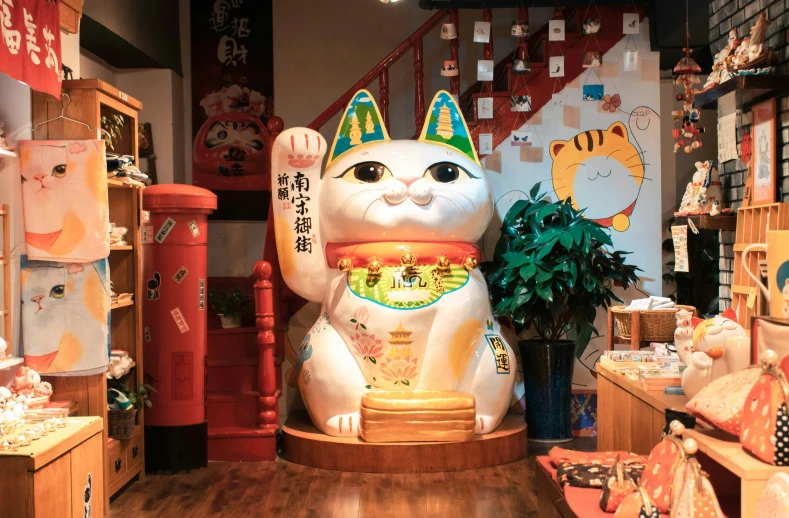 an artistically decorated cat is in the middle of a shop