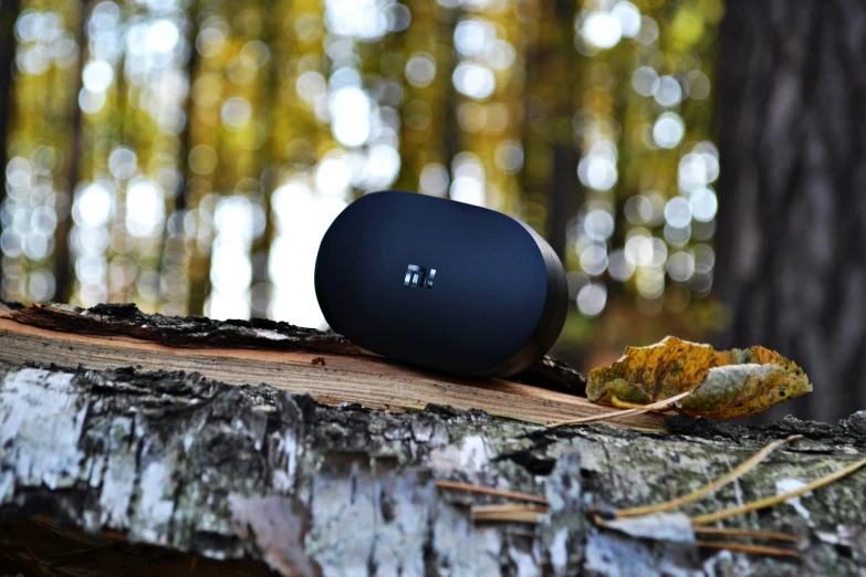 a bluetooth speaker sits on a log in the woods