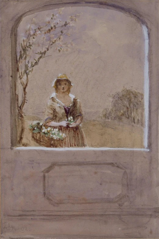 a painting that depicts a woman sitting in front of a window with a flower