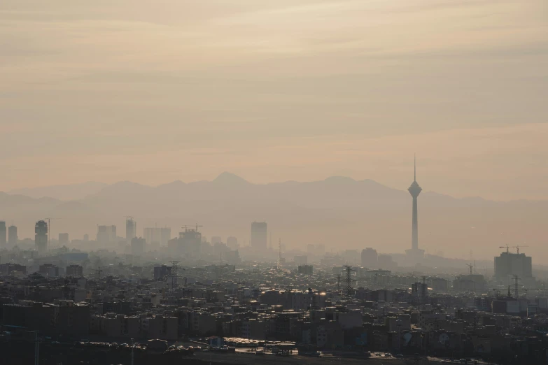 a large city skyline that has a sky tower