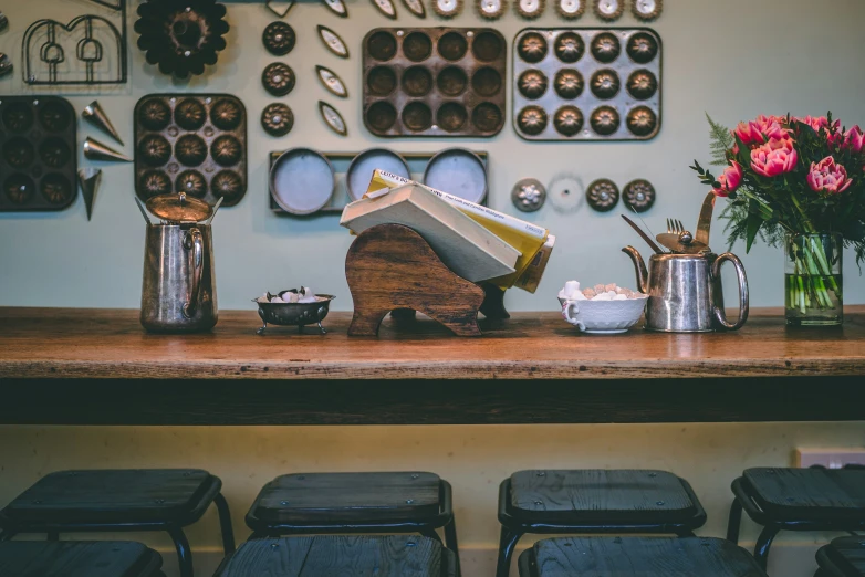 an industrial kitchen scene with various items on a counter