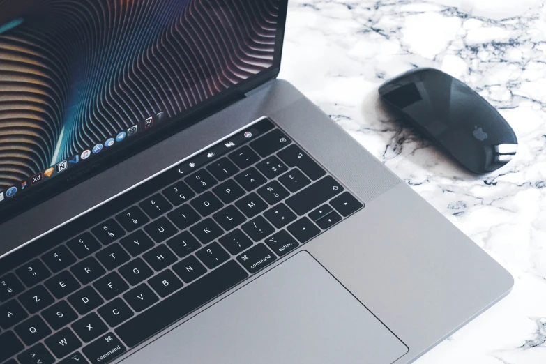 the view of the laptop from above on a marble table