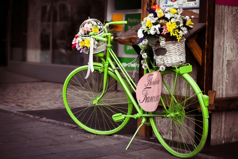 a bike with baskets filled with flowers parked near a wall