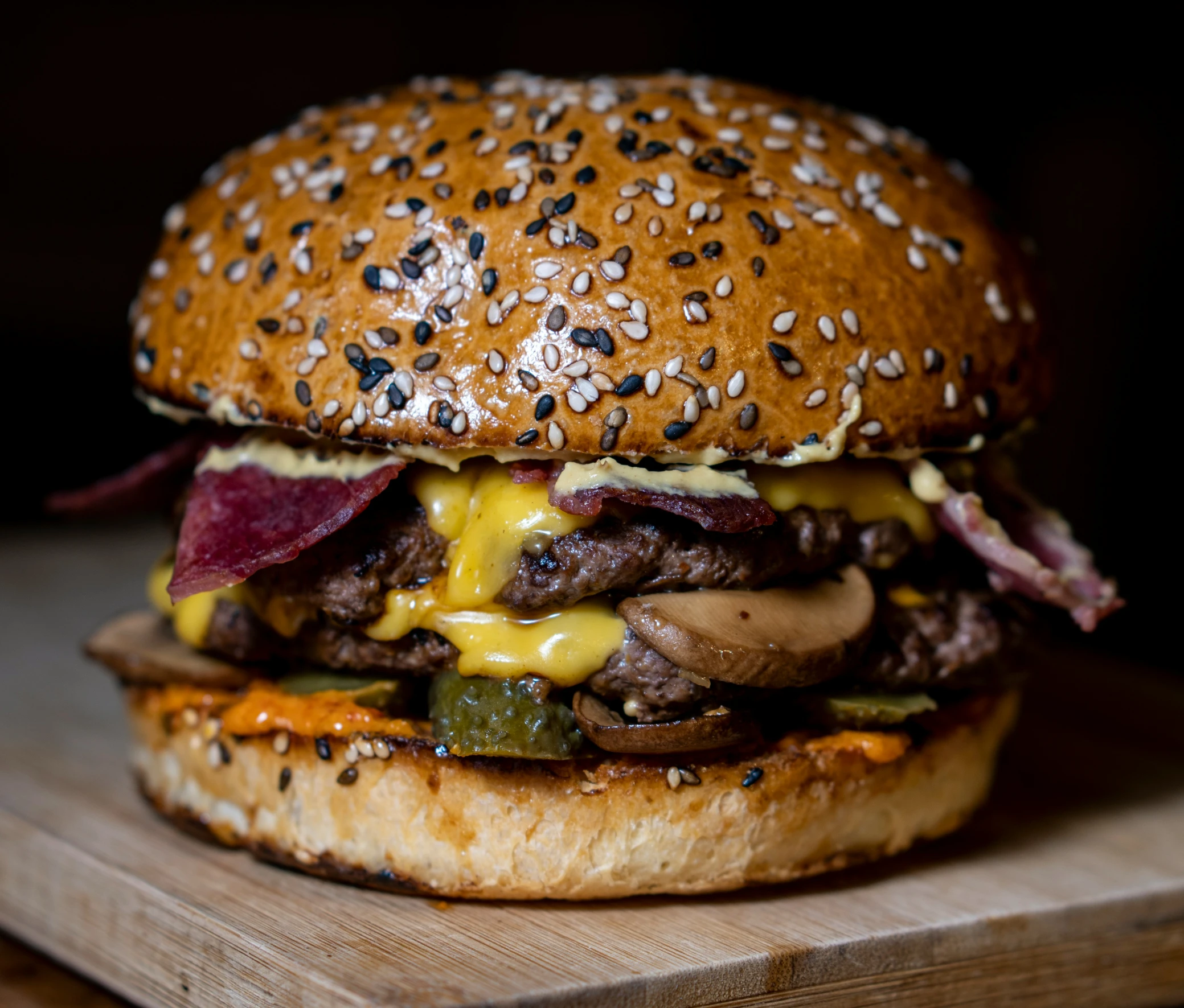 a cheeseburger on an english muffin with onions, mushrooms and peppers