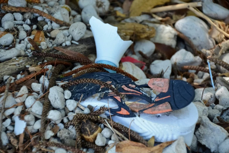 a shoe laying on a bunch of rocks near a baseball cap