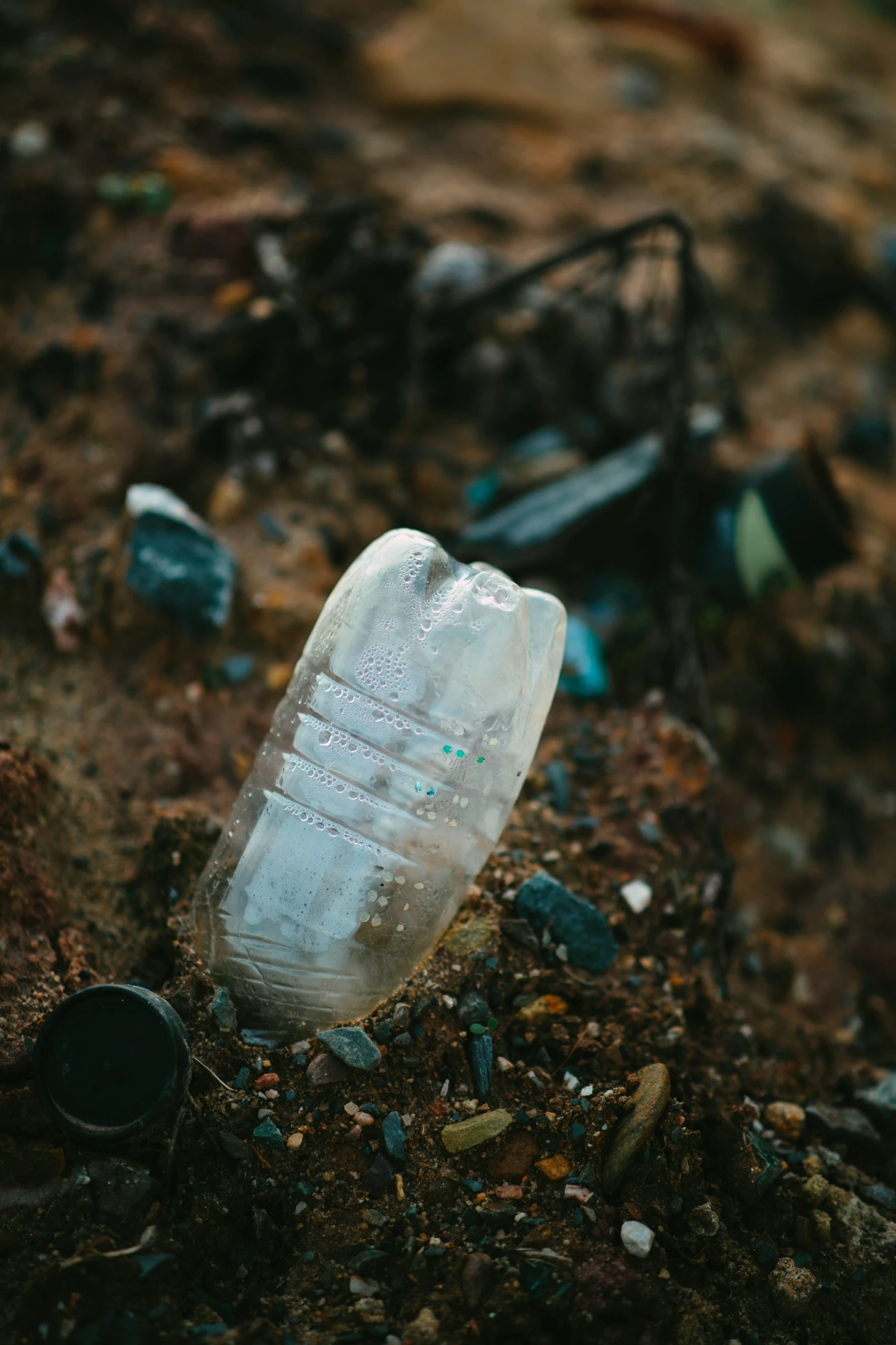 bottle laying in trash next to mesh container