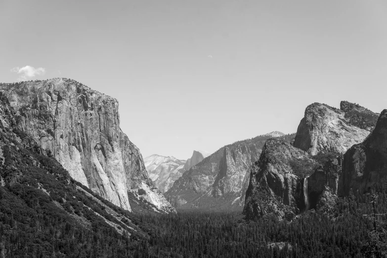 mountains in black and white from the valley floor