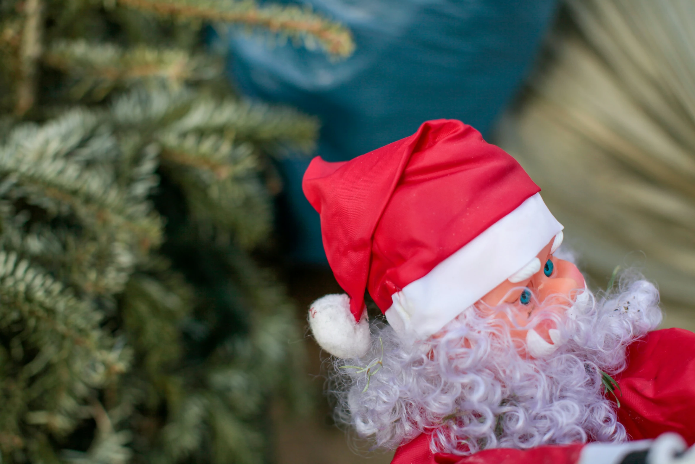 a christmas doll has a red hat and grey curly hair